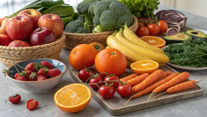 Fresh Organic Fruits and Vegetables Arranged on a Kitchen Counter