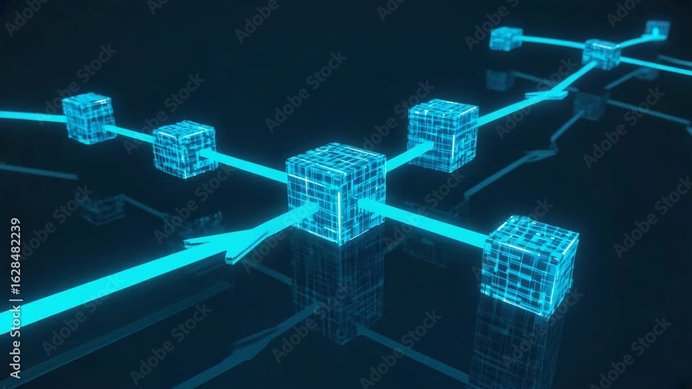 Poster glowing blue cubes representing blockchain technology are interconnected with luminous arrows, symbo