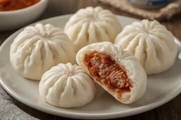 Steamed pork buns on a plate with one cut open