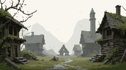 Obraz premium Forgotten Village Surrounded by Mystical Mountains