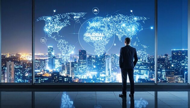 Silhouetted figure stands before dusk cityscape window with digital world map overlay—interconnected nodes and “GLOBAL” text evoke tech-driven global connectivity.