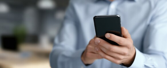 The smartphone held in hands ready for communication in a modern office.