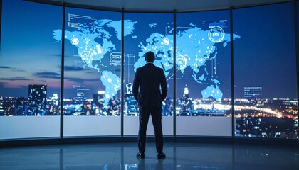 Silhouetted figure stands before dusk cityscape window with digital world map overlay—interconnected nodes and “GLOBAL” text evoke tech-driven global connectivity.