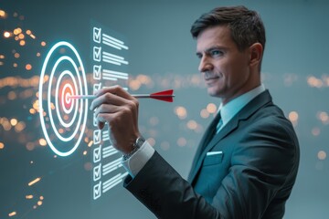 Businessman Aiming for Success with Digital Target and Checklist