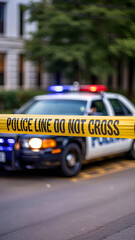 Police tape in focus with flashing patrol car blurred in background.
