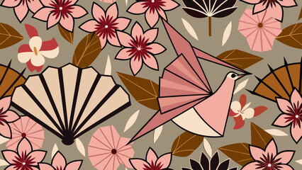 A decorative pattern featuring an origami bird, flowers, and fans on a neutral background color scheme created with generated ai