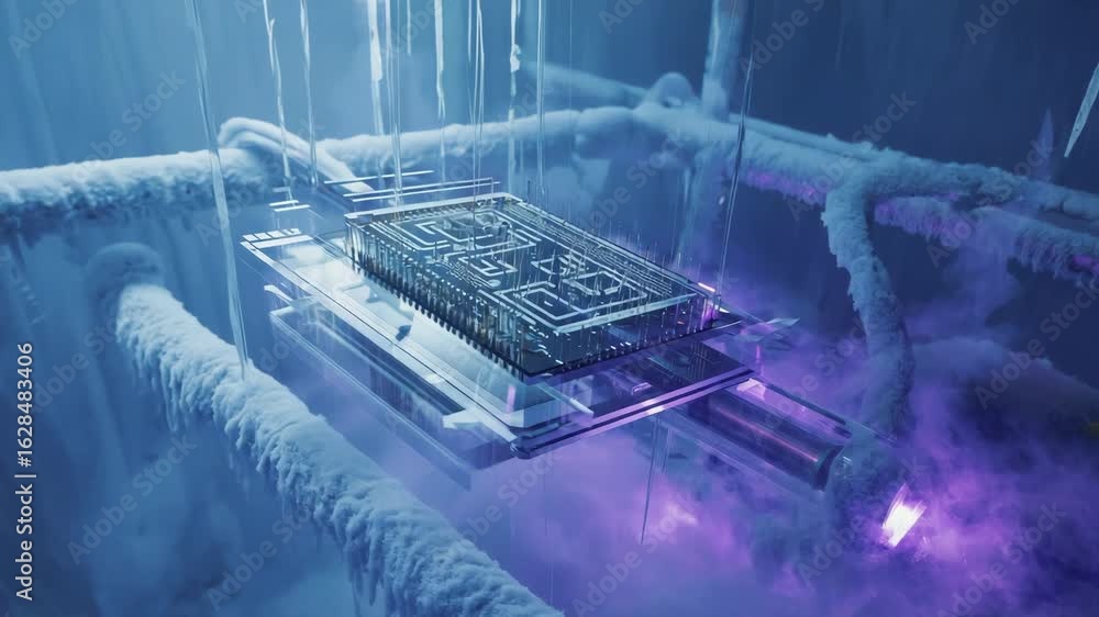Poster quantum computing chip is being cryogenically cooled in a state-of-the-art laboratory, showcasing th