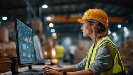A female logistics worker in a hard hat and safety vest intently monitors data on a computer screen in a bustling warehouse filled with inventory - Powered by Adobe