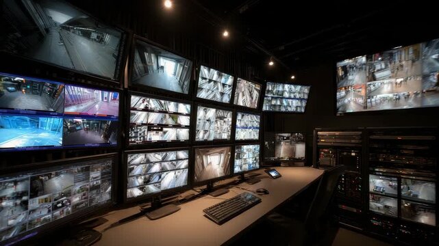 An empty security control room features numerous monitors displaying live feeds from various surveillance cameras emphasizing comprehensive monitoring capabilities