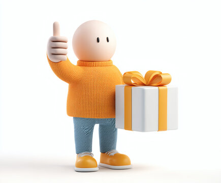 A 3d character gives a thumbs up while holding a gift box for a celebration.