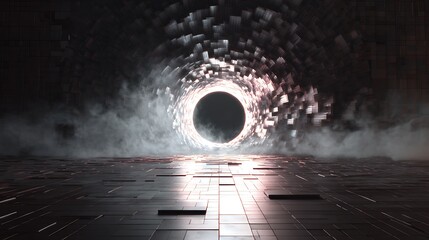 A mysterious black hole in space, surrounded by smoke and light, evokes a sense of wonder and exploration of the unknown universe