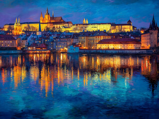 Fototapeta premium Vltava River reflection with twilight city lights