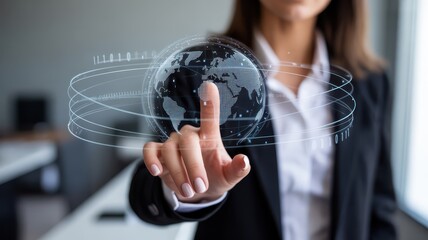Businesswoman Interacting with 3D Global Technology Interface