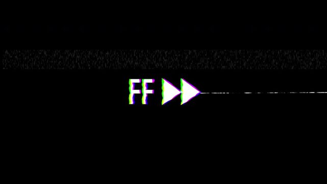 Retro fast forward VHS tape overlay with distorted signal glitch on black background. 4k animated video.