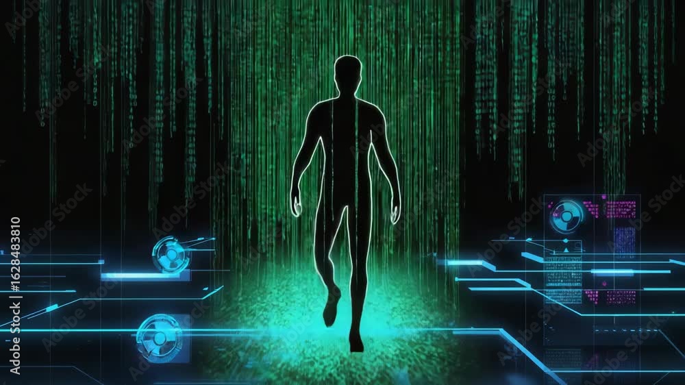 Poster human silhouette walking through digital binary code rain in cyberspace, surrounded by glowing lines