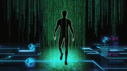 Human silhouette walking through digital binary code rain in cyberspace, surrounded by glowing lines and interface elements, embodies the essence of virtual reality and artificial intelligence - Powered by Adobe