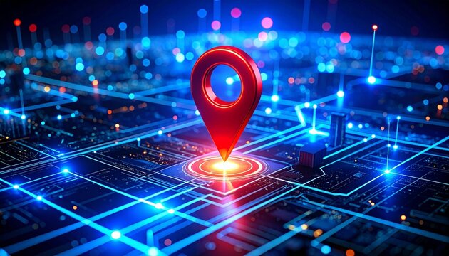 Digital map with glowing blue grid and central red location pin—evokes themes of navigation, geolocation, and tech-powered spatial awareness.