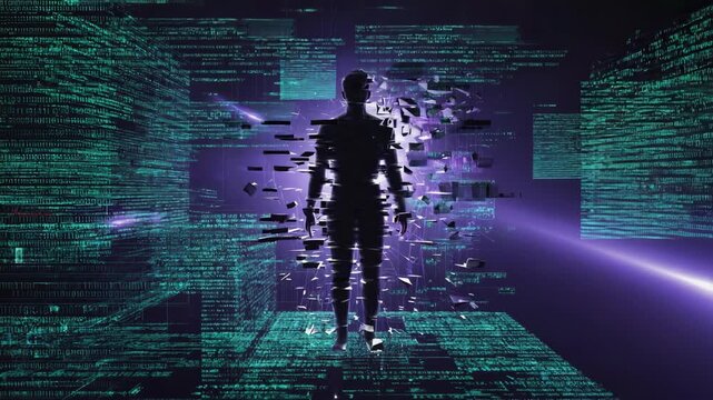 Human silhouette is dissolving and pixelating into small fragments in virtual reality cyberspace surrounded by binary code, concept of digital afterlife