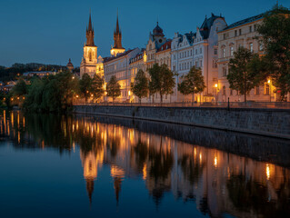 Fototapeta premium Vltava River reflection with twilight city lights