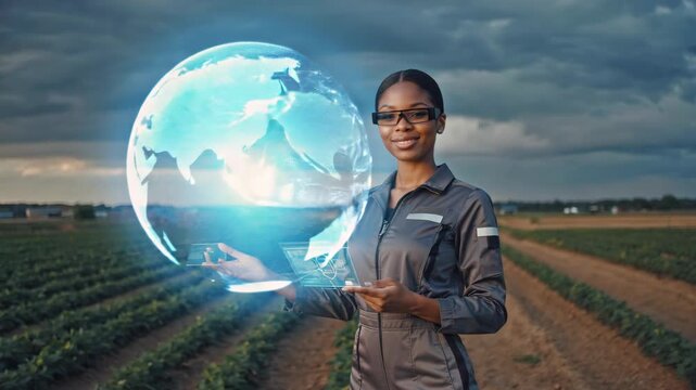 Agricultural engineer wearing smart glasses utilizes augmented reality and a futuristic interface to manage crops on a sustainable farm, driving innovation in food production
