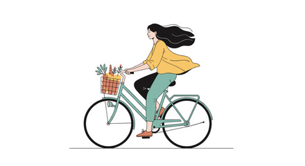 Obraz premium A woman rides her bicycle on a sunny day carrying groceries in a basket