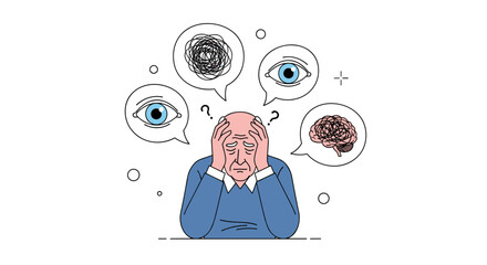 Elderly person experiencing cognitive decline and confusion with memory loss and brain health concerns impacting daily life