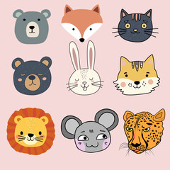 Cute animal faces, colorful illustration