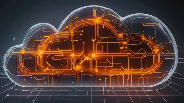 Complex orange circuit board pattern forming a cloud shape, symbolizing cloud computing technology and data storage on a dark background with grid floor