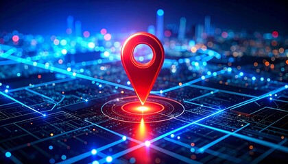 Digital map with glowing blue grid and central red location pin—evokes themes of navigation, geolocation, and tech-powered spatial awareness.