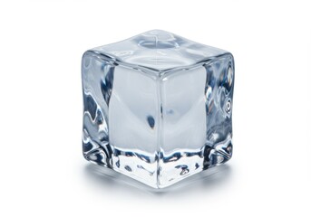 A transparent ice cube isolated on a white background with a clear reflection, showing its frozen, solid form