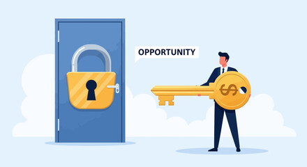 Man Holds the Key to Unlock Business Opportunity and Financial Success