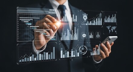 Businessman interacting with futuristic digital interface displaying financial data charts image
