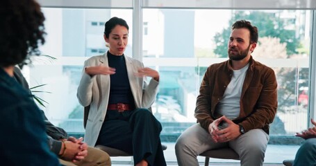 Share story, support group and discussion with therapist for addiction recovery with alcoholics. People, talk and psychologist in meeting for therapy, counseling or help for rehabilitation in clinic