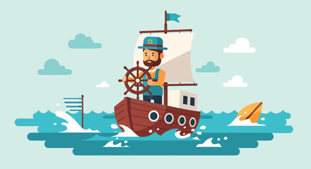 Fototapeta premium Captain Navigating Seas With Shark Illustration Cartoonish Style
