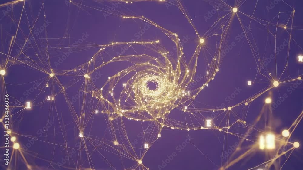 Poster golden data stream flowing and swirling into a digital wormhole filled with alphanumeric characters 