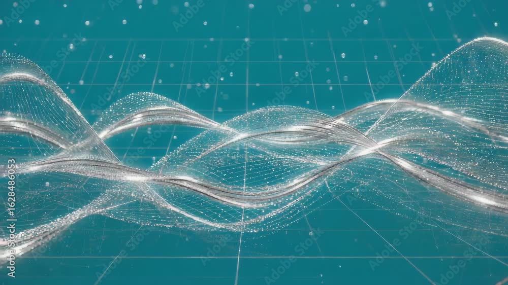 Poster flowing abstract silver particles create wavy lines over a turquoise digital grid, offering a futuri
