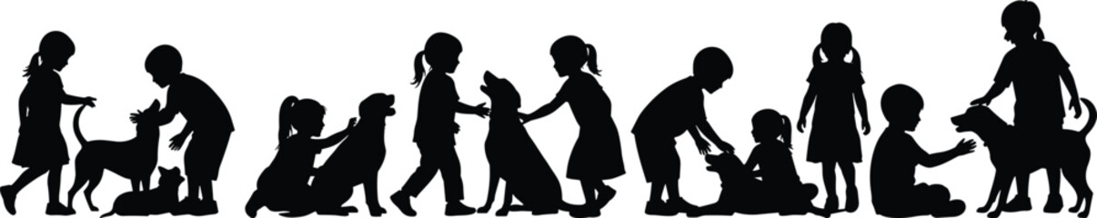Children, dogs, silhouettes, playing, outdoor, happy, joyful, bonding, friendship, pet, family, fun, motion, youth, carefree, love, together, nature, childhood, companionship