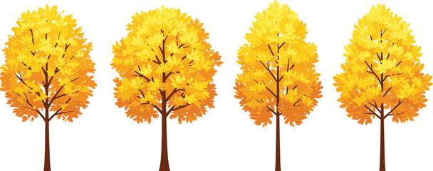 Yellow autumn trees vector illustration, fall foliage clipart, vibrant seasonal trees with golden leaves, forest nature elements, deciduous cartoon tree set
