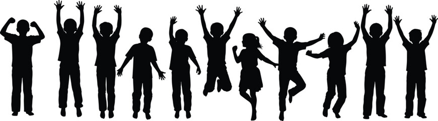 Children, kids, silhouettes, jumping, celebrating, fun, joyful, energetic, playful, happiness, youth, group, together, activity, excitement, cheerful, motion, freedom, outdoor, childhood