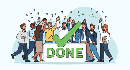 Successful Team Celebrating Project Completion With Green Checkmark