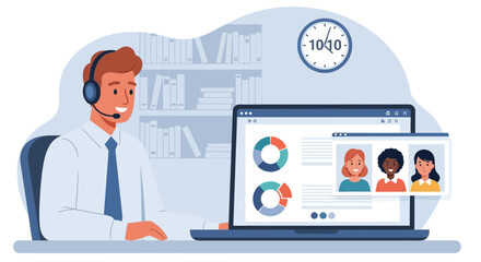 Virtual Meeting With Online Charts And Call Center Agent Man
