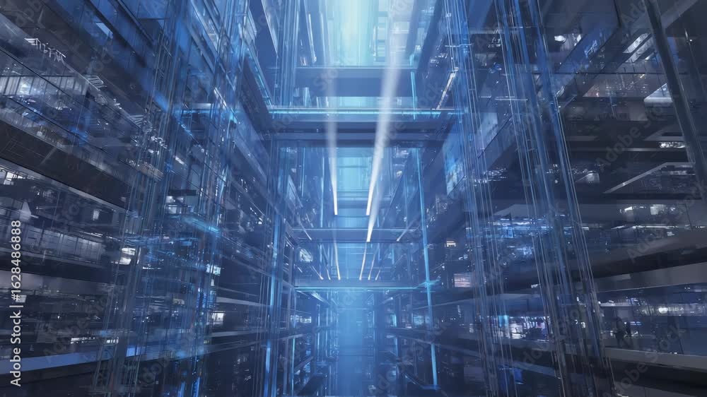 Poster beams of light illuminate the futuristic interior of a glass skyscraper, creating a mesmerizing disp