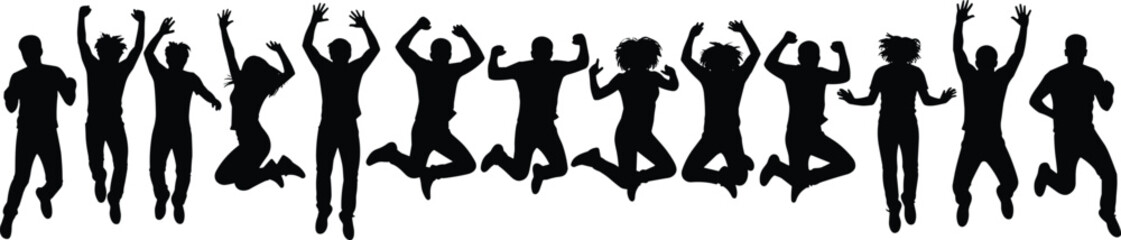 Diverse people silhouettes jumping, celebrating joy, unity, happiness, team spirit, community, excitement, fun, freedom, energy, success, togetherness, motivation