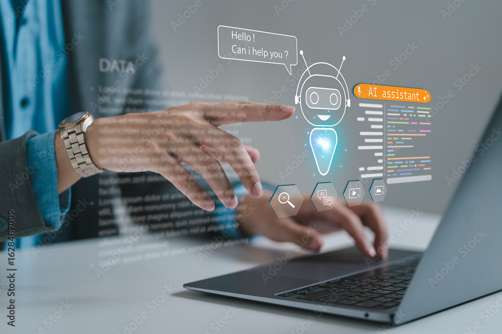 Poster a person interacting with a virtual ai assistant interface on a laptop, representing artificial inte