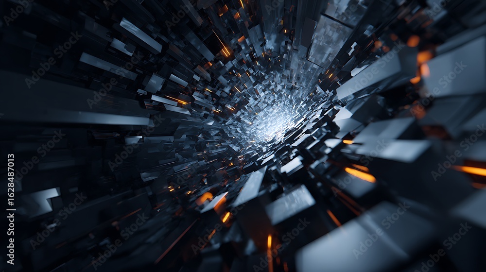 Poster a futuristic abstract tunnel background with geometric shapes, showcasing a sense of speed and motio