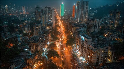 A panoramic view of a bustling Indian city at night, with buildings illuminated in the colors of the flag, celebrating unity and progress