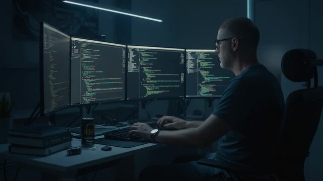 A focused programmer immersed in coding at a multi-monitor workstation, showcasing advanced programming skills in a sleek, low-light environment with vibrant screen displays.