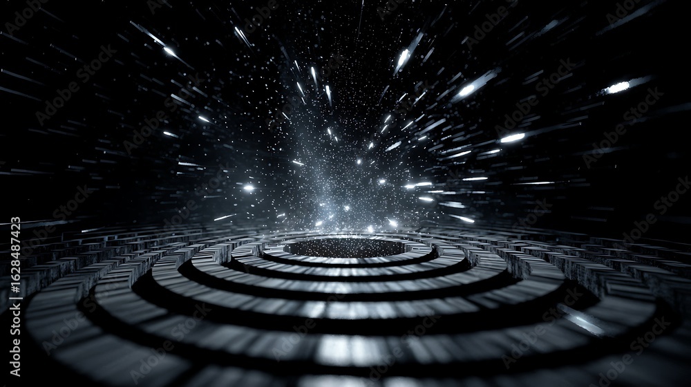 Poster a futuristic and abstract space portal with an explosion of light and energy on a dark stage, creati