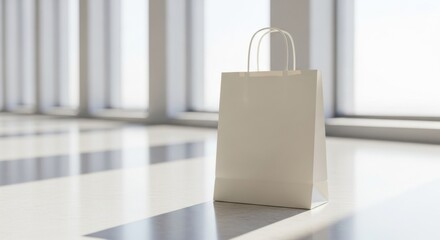 Isolated minimalist image of a blank white shopping bag on marble floor, bathed in sunlight near