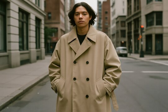 Young male model wearing beige trench coat posing with hands in pockets in a New York City street